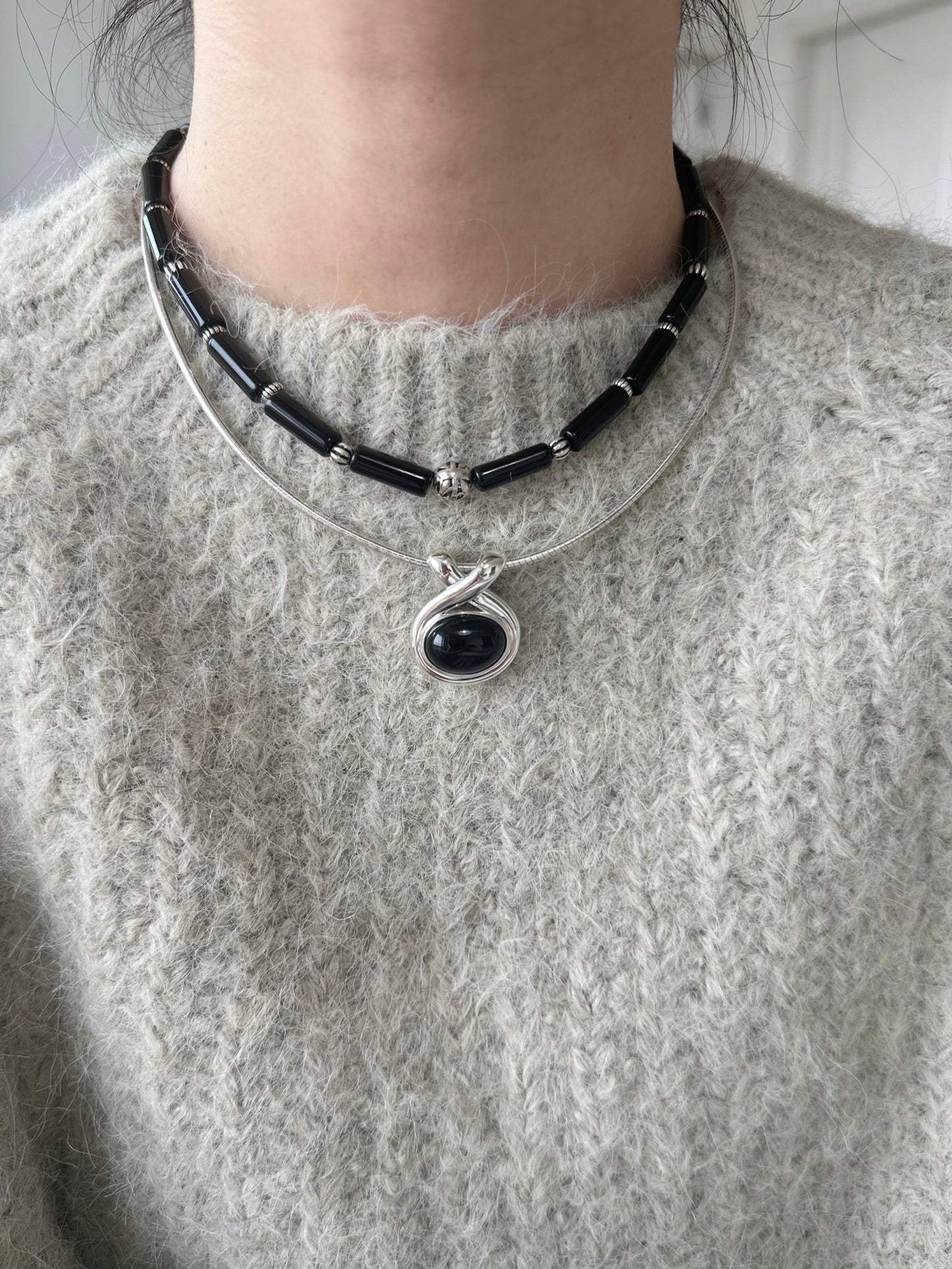 iLMondo|Handmade Black Agate Necklace with 925 Silver Beads