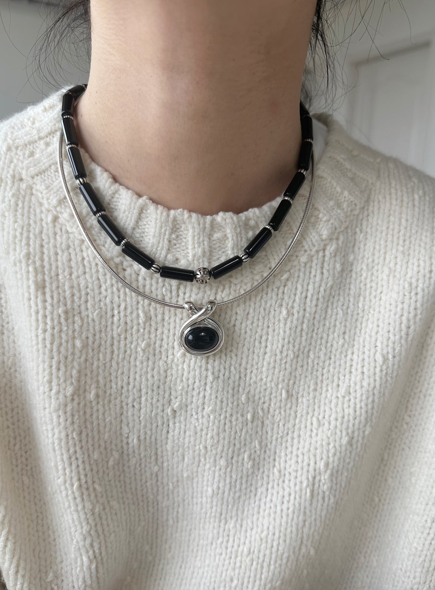 iLMondo|Handmade Black Agate Necklace with 925 Silver Beads