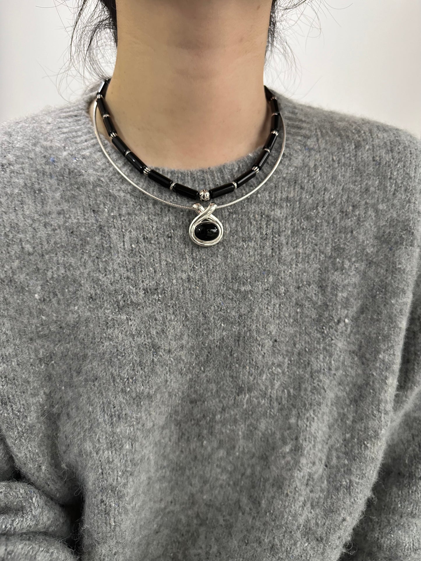 iLMondo|Handmade Black Agate Necklace with 925 Silver Beads