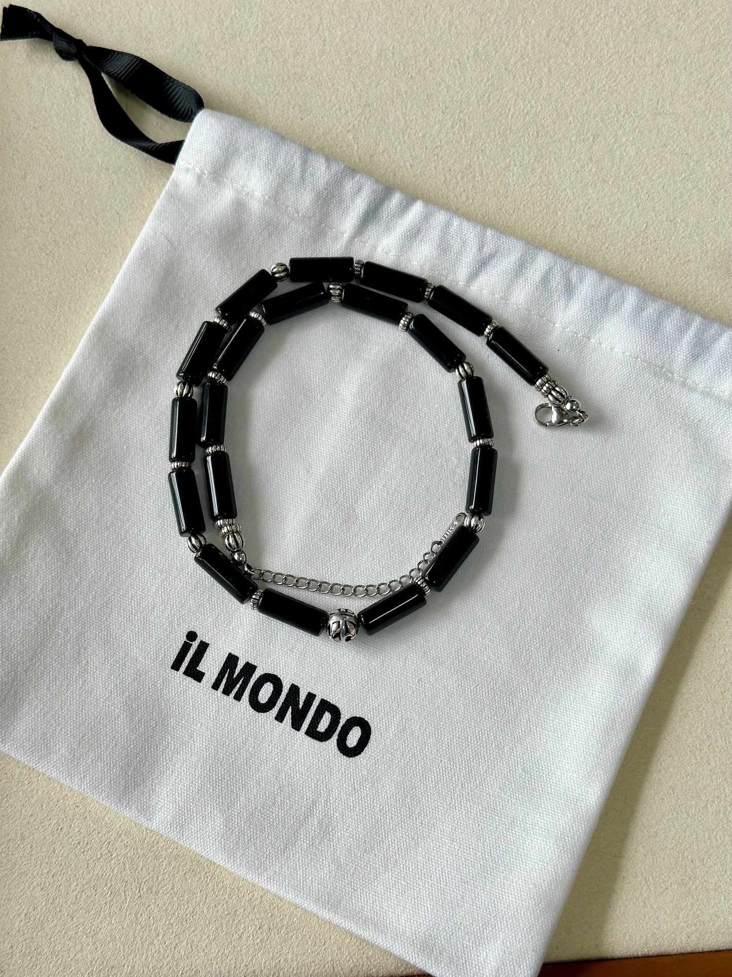 iLMondo|Handmade Black Agate Necklace with 925 Silver Beads