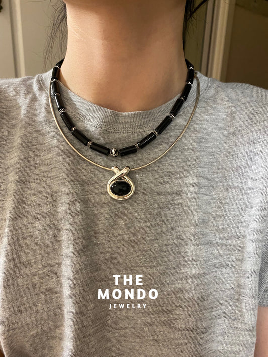 iLMondo｜Handmade Black Agate Necklace with 925 Silver Beads